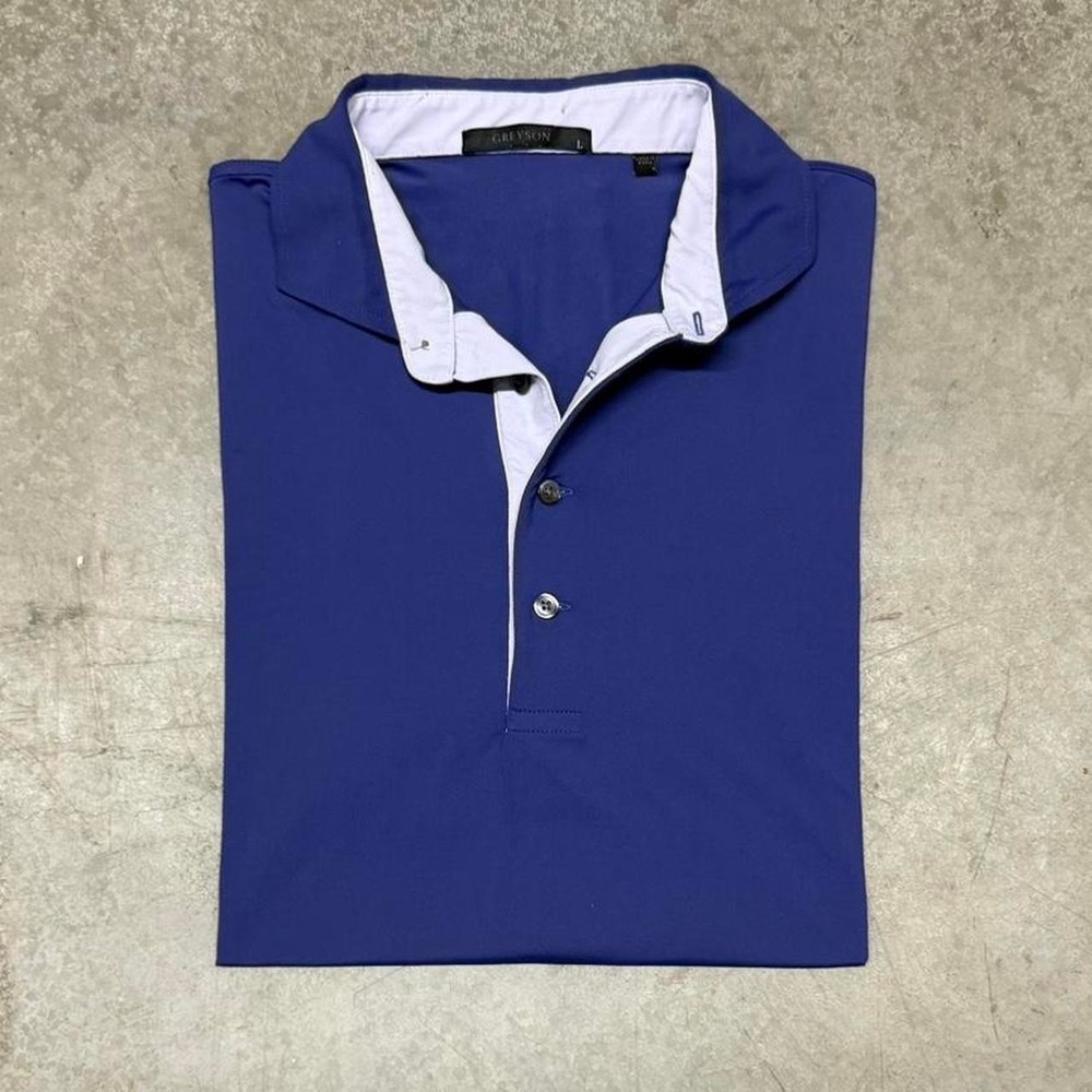 Greyson Men's Performance Golf Polo Purple Country Club Sleeve Logo Sz L